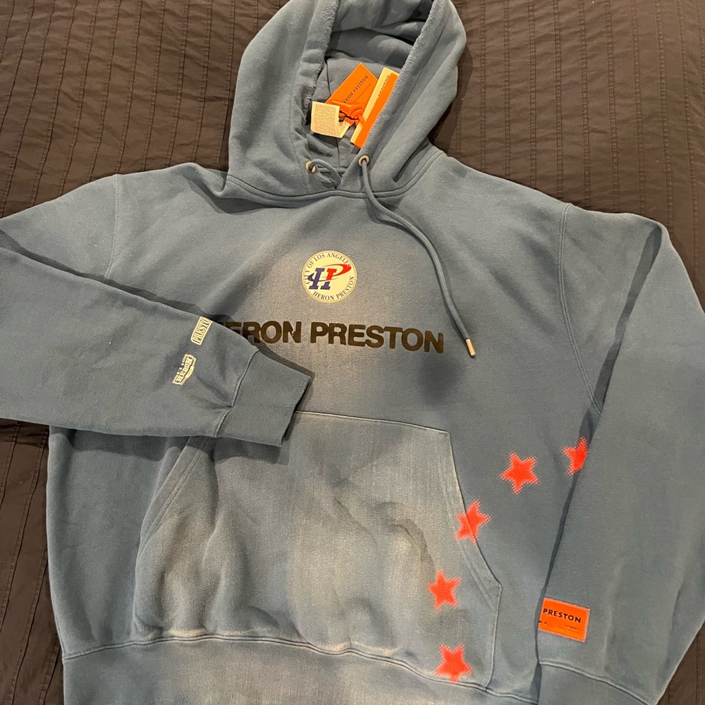 Heron Preston Hooded Sweatshirt Hail Mary Men’s Large Blue Distressed